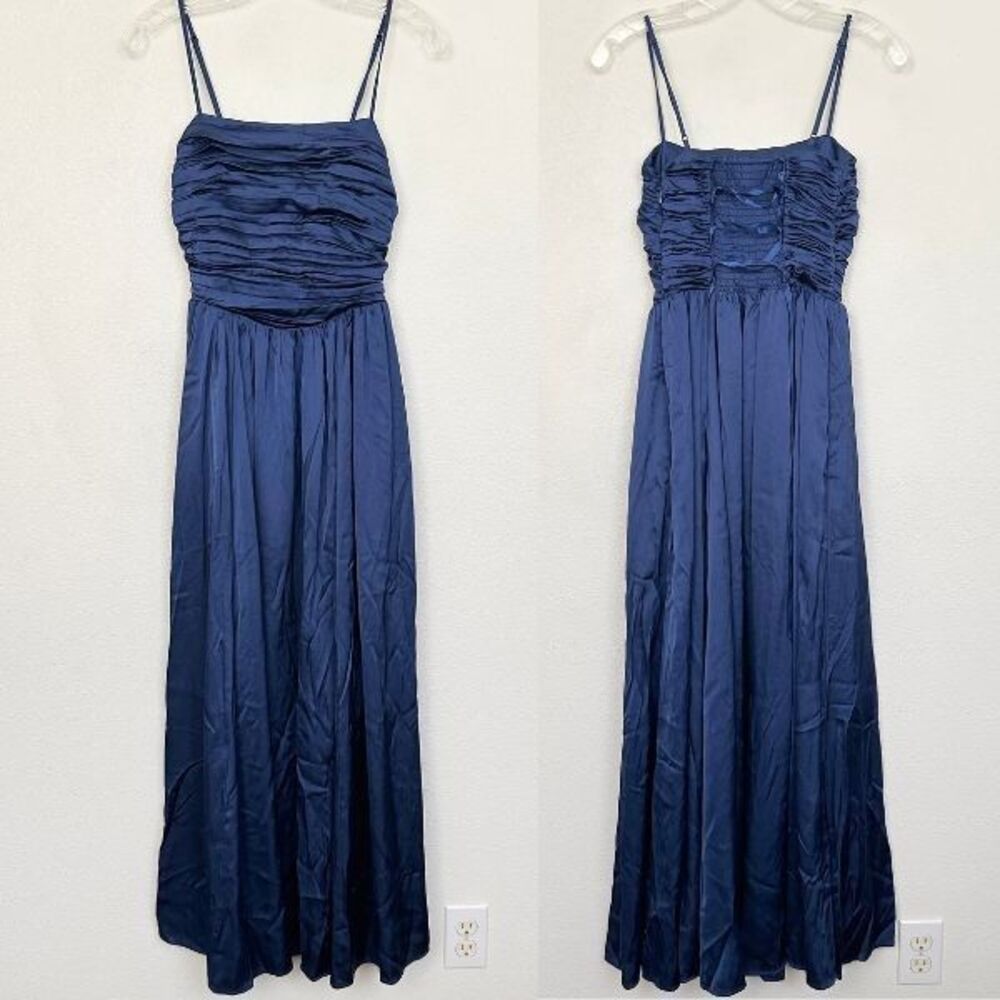 Abercrombie Emerson Lace-Up Back Maxi Dress Satin Navy Blue Zip Women's XXS 2XS